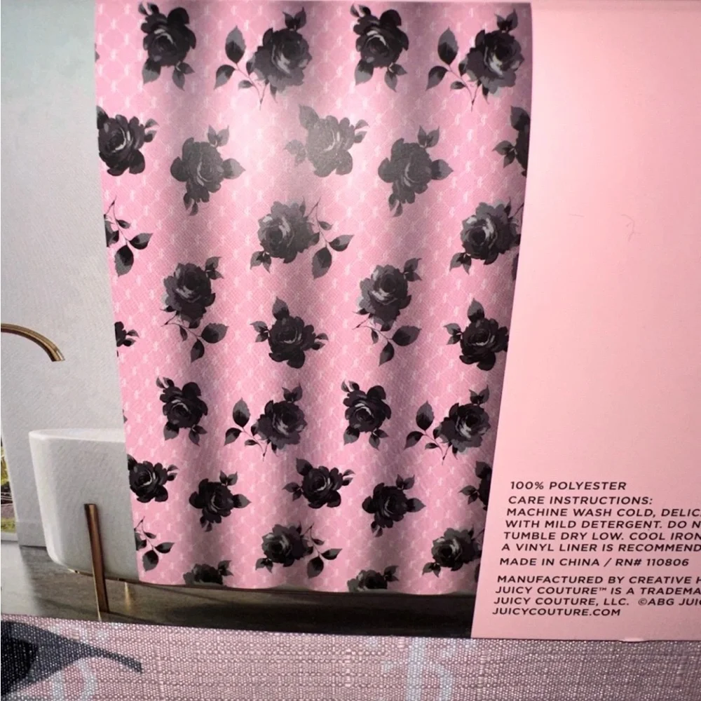 Juicy Couture Pink & Black Rose Logo Shower Curtain with Hooks Set